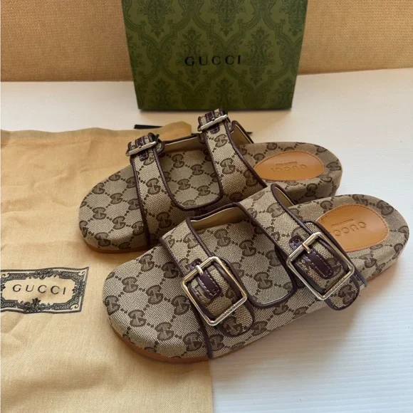 Gucci Beige and Brown Monogram Buckle Sandals Gucci Slide Sandal With Strap - Brown | Editorialist main image 2